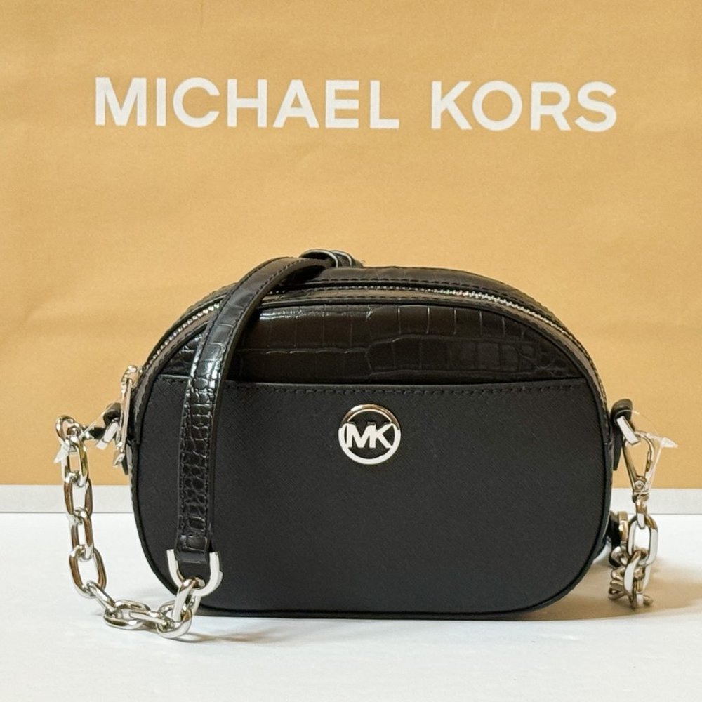 Michael Kors Jet Set Glam Small Front Pocket Oval Crossbody Bag Black